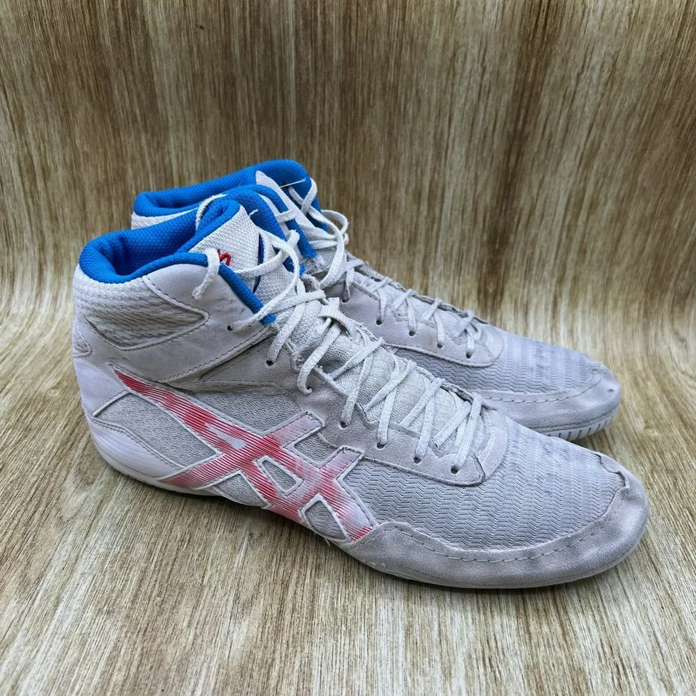 ASICS Matcontrol 2 Wrestling Shoes Men's 10.5 Grey Blue Red High Top 1081A029